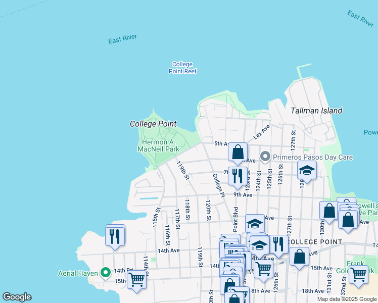 map of restaurants, bars, coffee shops, grocery stores, and more near 11936 Poppenhusen Avenue in Queens