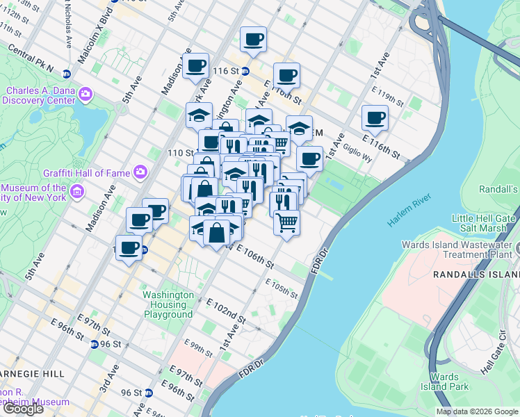 map of restaurants, bars, coffee shops, grocery stores, and more near 300 East 109th Street in New York