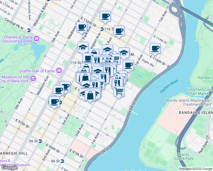 map of restaurants, bars, coffee shops, grocery stores, and more near 300 East 109th Street in New York