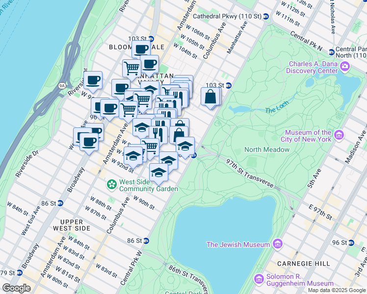 map of restaurants, bars, coffee shops, grocery stores, and more near 10 West 97th Street in New York