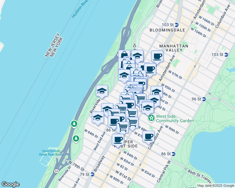 map of restaurants, bars, coffee shops, grocery stores, and more near 187 Riverside Drive in New York