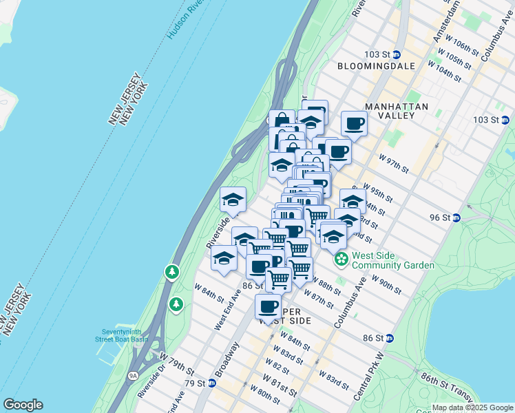 map of restaurants, bars, coffee shops, grocery stores, and more near 187 Riverside Drive in New York