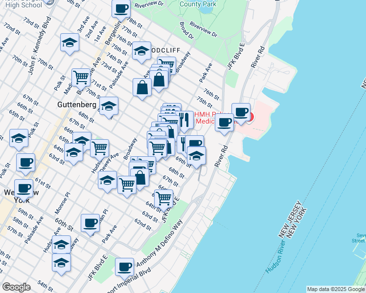 map of restaurants, bars, coffee shops, grocery stores, and more near 78 70th Street in Guttenberg