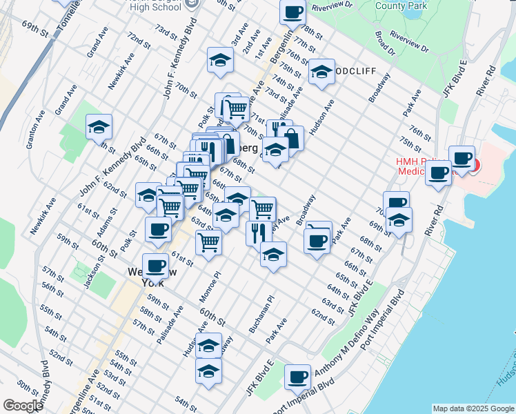 map of restaurants, bars, coffee shops, grocery stores, and more near 6600 Palisade Avenue in West New York
