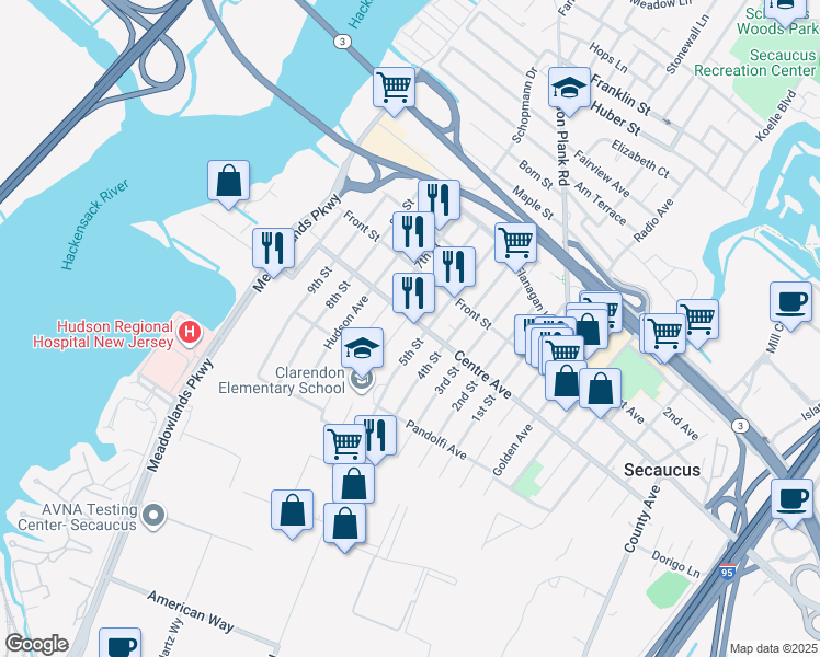 map of restaurants, bars, coffee shops, grocery stores, and more near 268 Centre Avenue in Secaucus