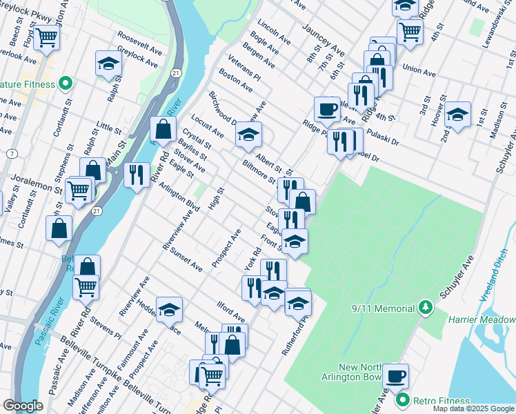 map of restaurants, bars, coffee shops, grocery stores, and more near 117 Stover Avenue in North Arlington
