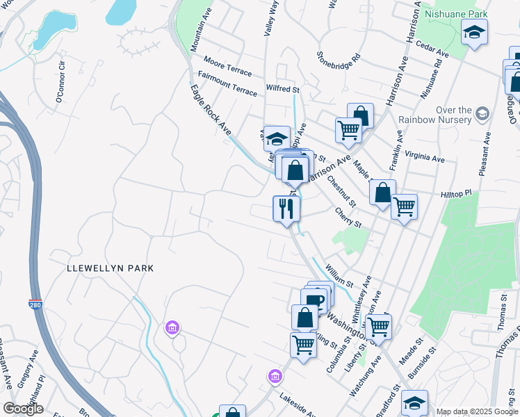 map of restaurants, bars, coffee shops, grocery stores, and more near 23 Park Drive West in West Orange