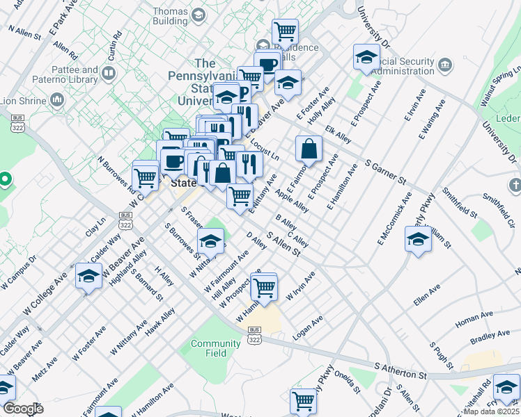 map of restaurants, bars, coffee shops, grocery stores, and more near 414 South Pugh Street in State College