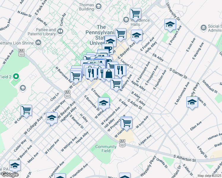 map of restaurants, bars, coffee shops, grocery stores, and more near 250 South Allen Street in State College