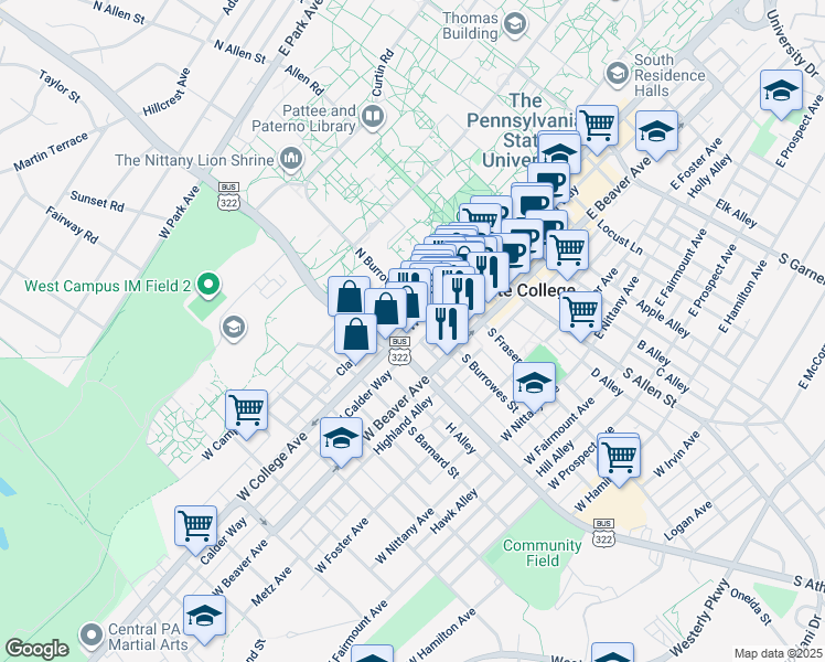 map of restaurants, bars, coffee shops, grocery stores, and more near 331 West College Avenue in State College