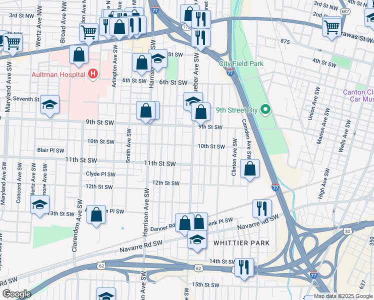 map of restaurants, bars, coffee shops, grocery stores, and more near 937 Dueber Avenue Southwest in Canton