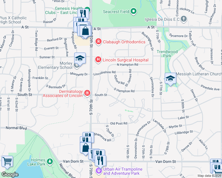 map of restaurants, bars, coffee shops, grocery stores, and more near 7205 South Hampton Road in Lincoln