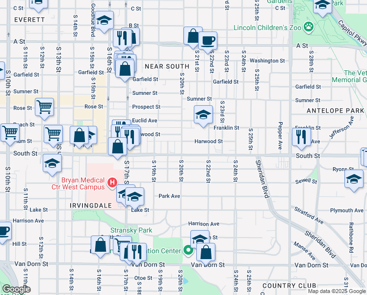 map of restaurants, bars, coffee shops, grocery stores, and more near 2011 Harwood Street in Lincoln