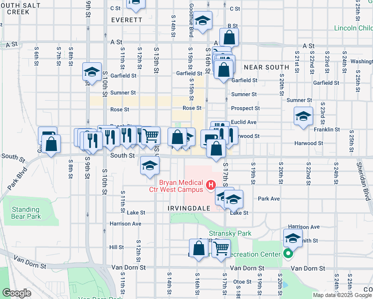 map of restaurants, bars, coffee shops, grocery stores, and more near 1436 Plum Street in Lincoln