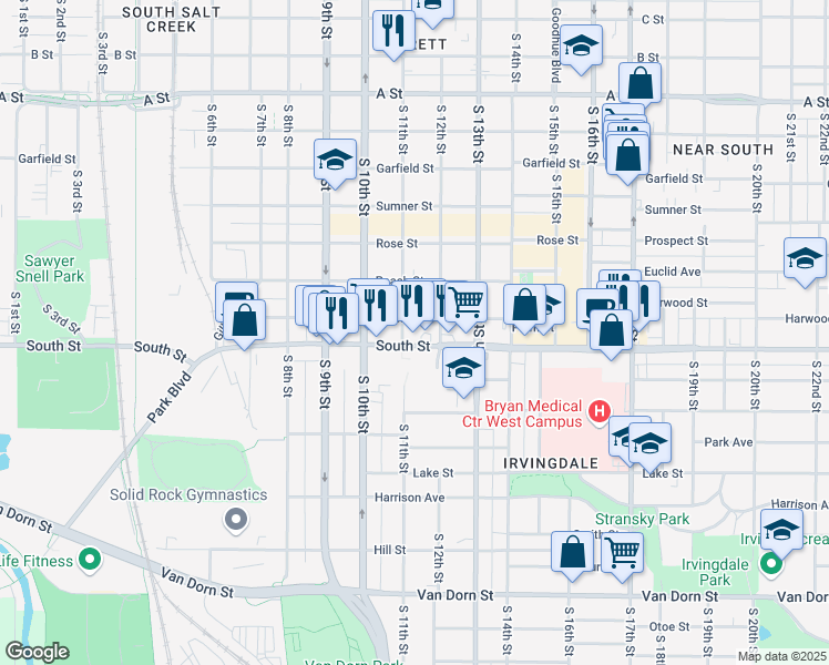 map of restaurants, bars, coffee shops, grocery stores, and more near 1117 Plum Street in Lincoln