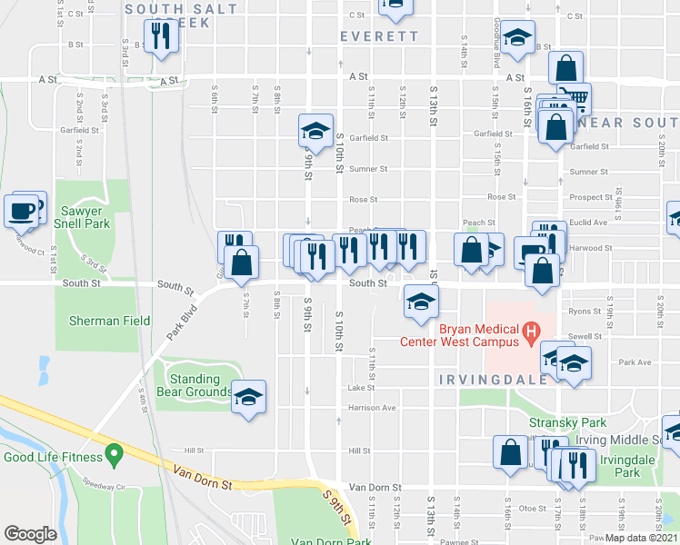 map of restaurants, bars, coffee shops, grocery stores, and more near 1021 Plum Street in Lincoln
