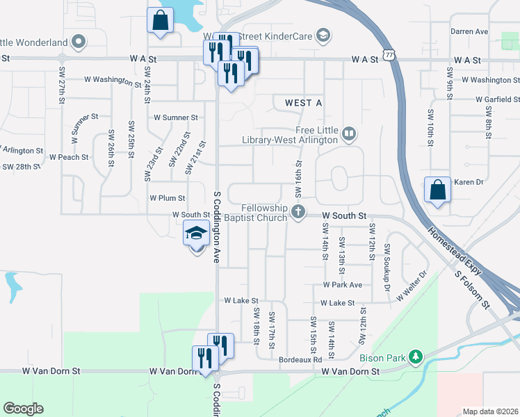 map of restaurants, bars, coffee shops, grocery stores, and more near 1730 West Plum Street in Lincoln