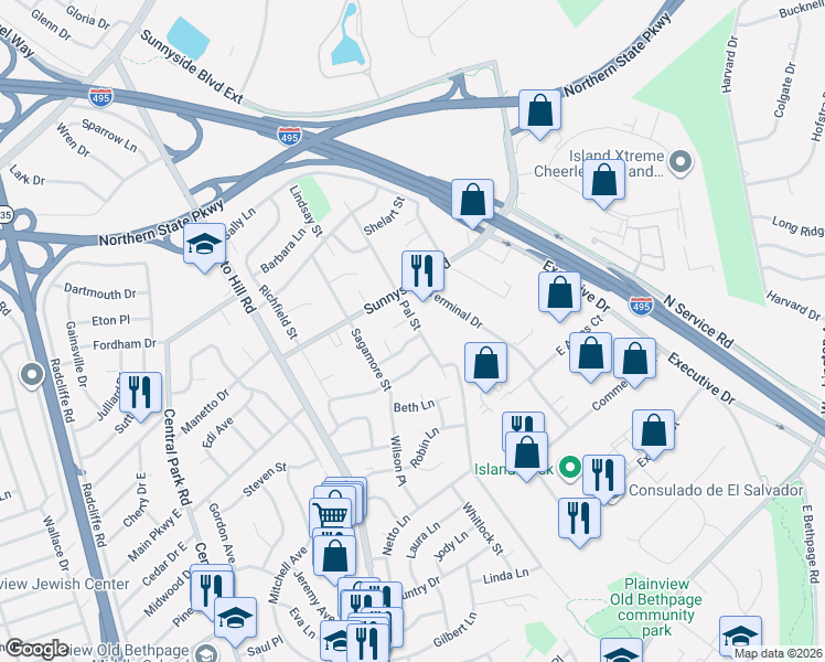 map of restaurants, bars, coffee shops, grocery stores, and more near 35 Pal Street in Plainview