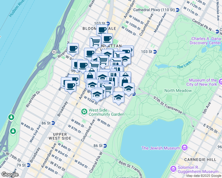 map of restaurants, bars, coffee shops, grocery stores, and more near 99 West 95th Street in New York