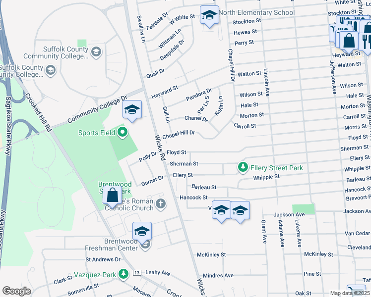 map of restaurants, bars, coffee shops, grocery stores, and more near 57 Floyd Street in Brentwood