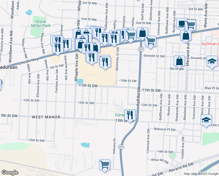 map of restaurants, bars, coffee shops, grocery stores, and more near 1102 Poplar Avenue Southwest in Canton