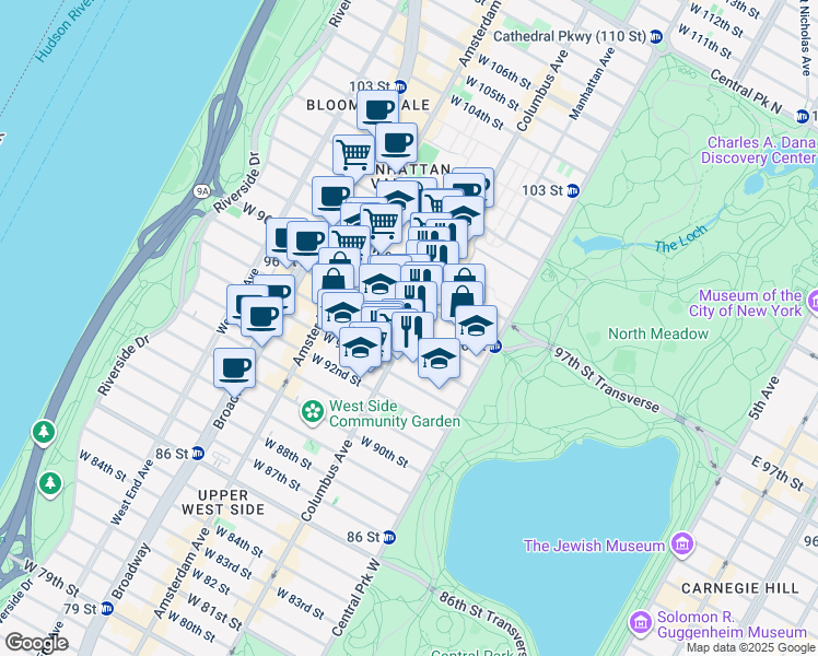 map of restaurants, bars, coffee shops, grocery stores, and more near 100 West 95th Street in New York