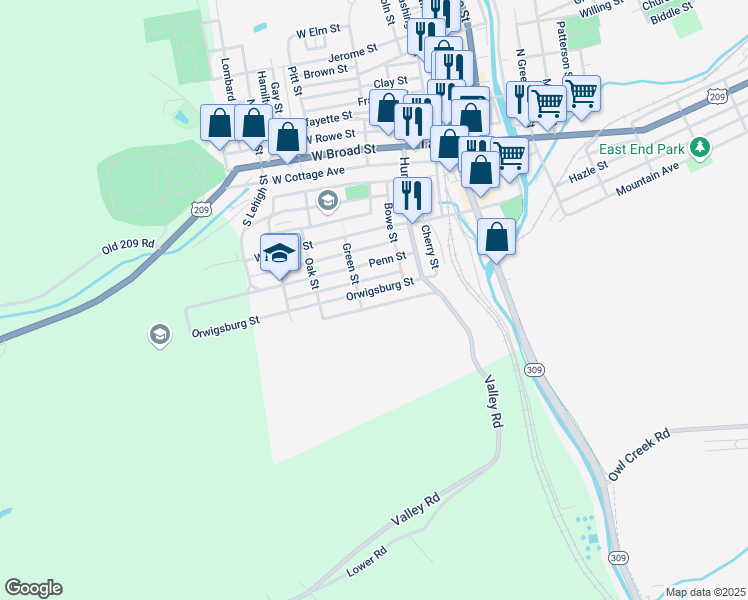 map of restaurants, bars, coffee shops, grocery stores, and more near 138 1/2 Orwigsburg Street in Tamaqua