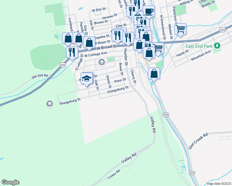 map of restaurants, bars, coffee shops, grocery stores, and more near 160 Orwigsburg Street in Tamaqua