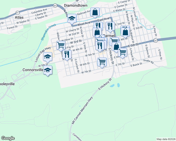 map of restaurants, bars, coffee shops, grocery stores, and more near 341 South Vine Street in Mount Carmel