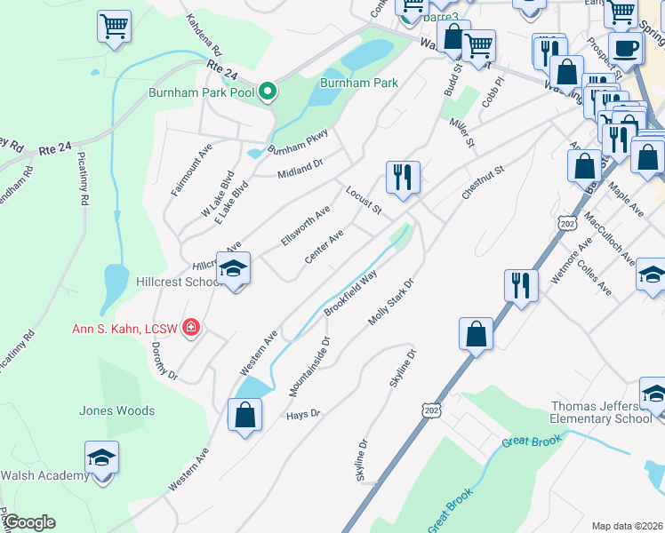 map of restaurants, bars, coffee shops, grocery stores, and more near 159 Western Avenue in Morristown