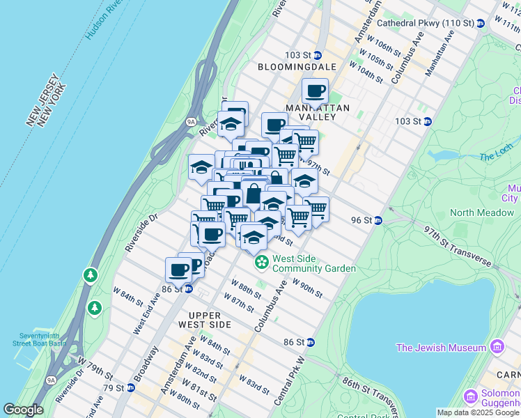 map of restaurants, bars, coffee shops, grocery stores, and more near 203 West 93rd Street in New York