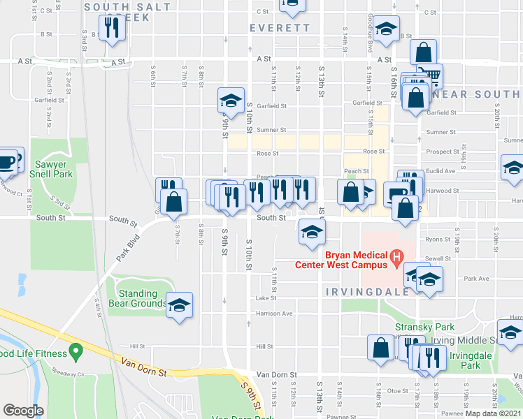 map of restaurants, bars, coffee shops, grocery stores, and more near 1021 Plum Street in Lincoln