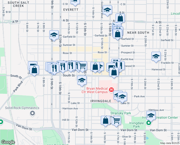 map of restaurants, bars, coffee shops, grocery stores, and more near 1333 Plum Street in Lincoln