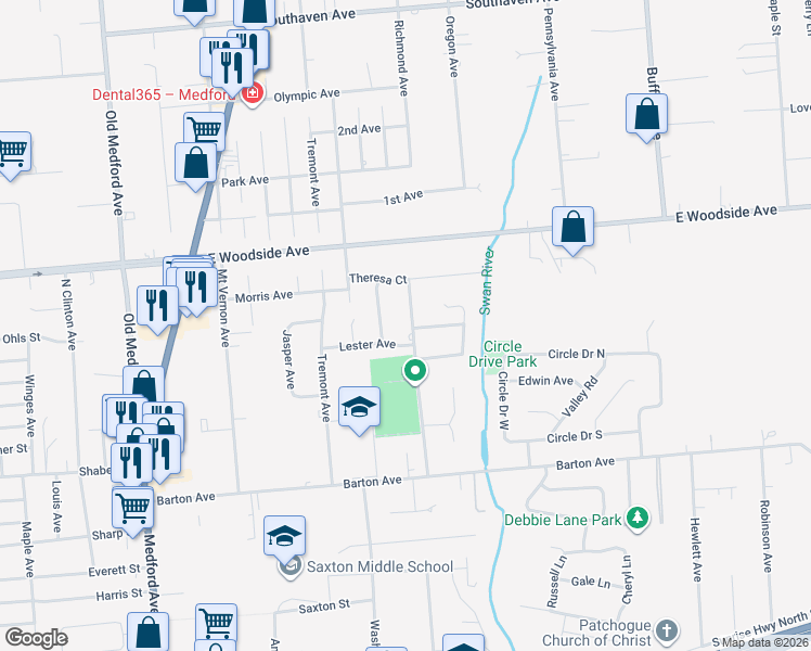 map of restaurants, bars, coffee shops, grocery stores, and more near 70 Richmond Avenue in Patchogue