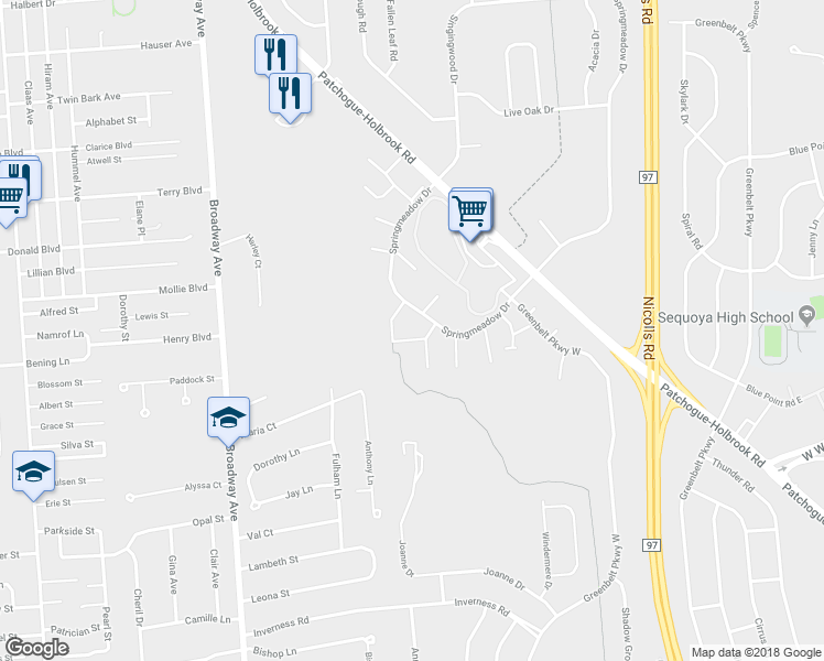map of restaurants, bars, coffee shops, grocery stores, and more near 219A Springmeadow Drive in Holbrook