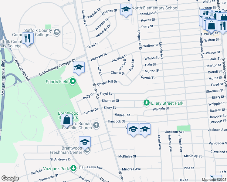 map of restaurants, bars, coffee shops, grocery stores, and more near 57 Floyd Street in Brentwood