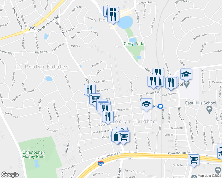 map of restaurants, bars, coffee shops, grocery stores, and more near 80 Hillside Avenue in Roslyn Heights