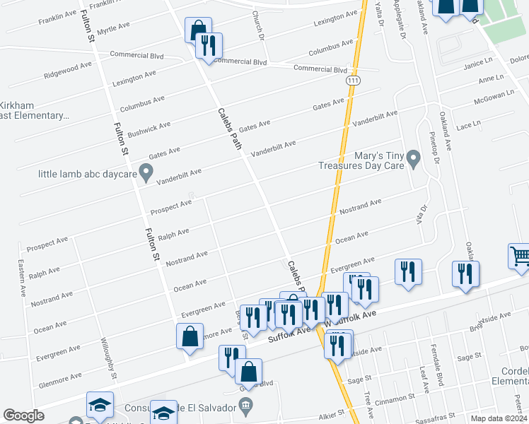 map of restaurants, bars, coffee shops, grocery stores, and more near 62 Ralph Avenue in Brentwood
