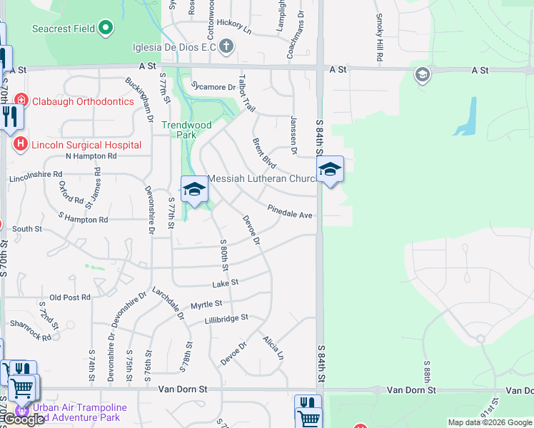 map of restaurants, bars, coffee shops, grocery stores, and more near 1921 Pinedale Avenue in Lincoln