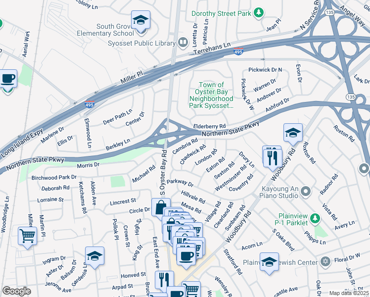 map of restaurants, bars, coffee shops, grocery stores, and more near 39 Cambria Road in Syosset