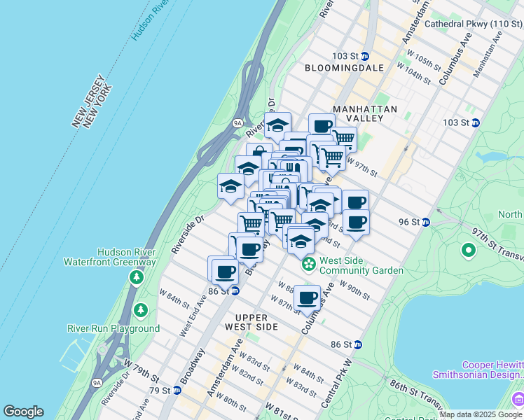 map of restaurants, bars, coffee shops, grocery stores, and more near 294 West 92nd Street in New York