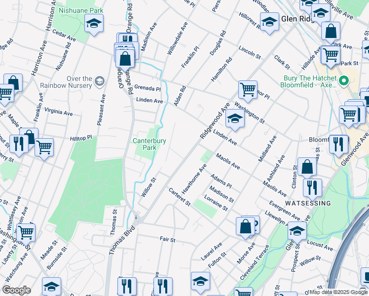map of restaurants, bars, coffee shops, grocery stores, and more near 78 Ridgewood Avenue in Glen Ridge