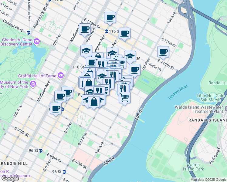 map of restaurants, bars, coffee shops, grocery stores, and more near 300 East 109th Street in New York