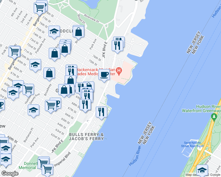 map of restaurants, bars, coffee shops, grocery stores, and more near 7400 River Road in North Bergen