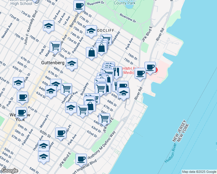 map of restaurants, bars, coffee shops, grocery stores, and more near 78 70th Street in Guttenberg