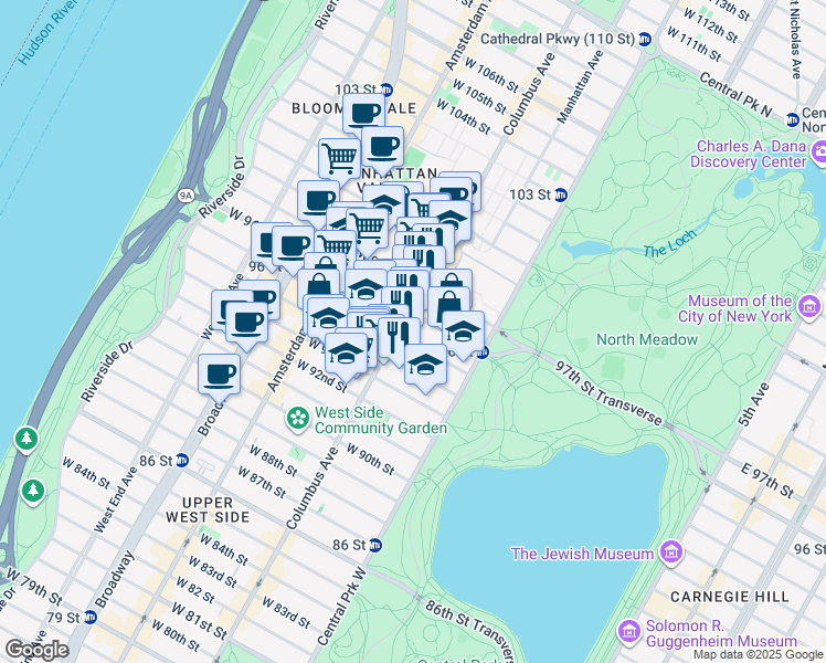 map of restaurants, bars, coffee shops, grocery stores, and more near 95 West 95th Street in New York