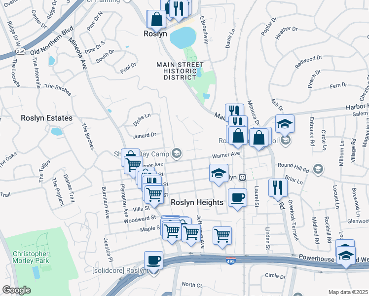 map of restaurants, bars, coffee shops, grocery stores, and more near 20 Edwards Street in Roslyn Heights