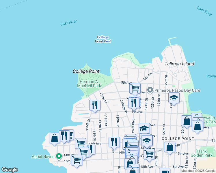 map of restaurants, bars, coffee shops, grocery stores, and more near 11936 Poppenhusen Avenue in Queens