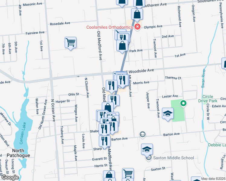 map of restaurants, bars, coffee shops, grocery stores, and more near 718 New York 112 in East Patchogue
