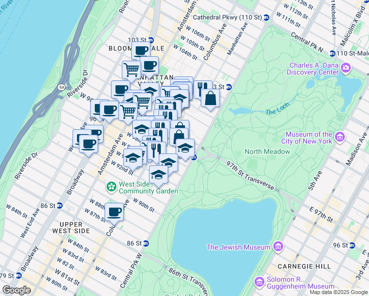 map of restaurants, bars, coffee shops, grocery stores, and more near 10 West 97th Street in New York